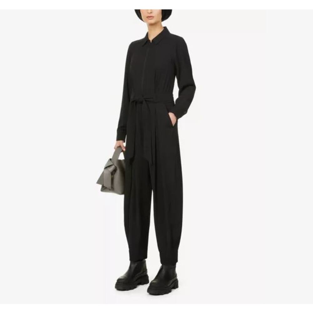 Me+Em Black Viscose Zip Front Barrel Leg Tie Waist Jumpsuit US2 Elegant